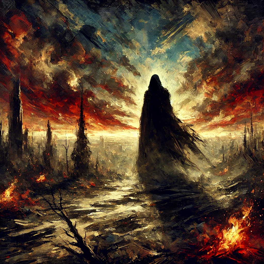 A dramatic painting-style image of a shadowy figure standing amidst a backdrop of chaos, with a fiery sky, dark clouds, and a war-torn landscape. The scene symbolizes destruction, turmoil, and the rise of the Antichrist.