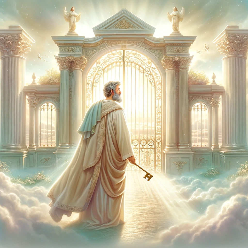 A serene biblical scene depicting St. Peter standing at the majestic pearly gates of heaven, holding a key, with soft light shining through in a peaceful, divine atmosphere.