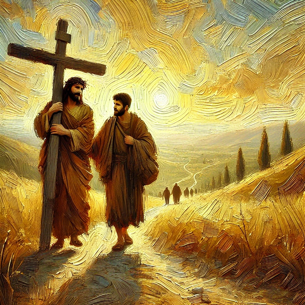An image of a person carrying a cross with Jesus, symbolizing taking up your cross and following Him. The scene depicts faith and discipleship on a dusty path with a golden sunset.