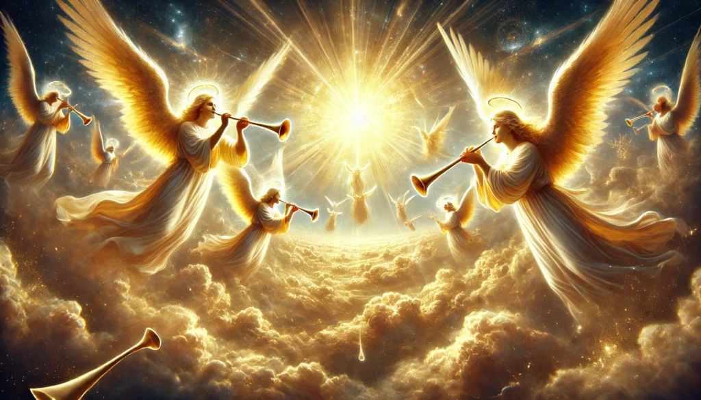 A celestial scene of radiant angels sounding golden trumpets in the heavens, surrounded by glowing clouds and divine light, symbolizing the call of the rapture and biblical prophecy.