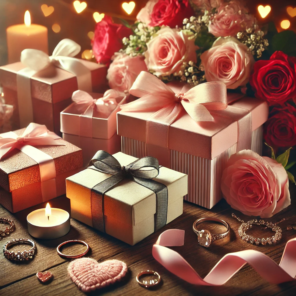 A romantic arrangement of Valentine's Day gifts for her, featuring beautifully wrapped gift boxes, elegant jewelry like necklaces and rings, pink and red roses, and soft lighting creating a cozy, faith-inspired atmosphere.