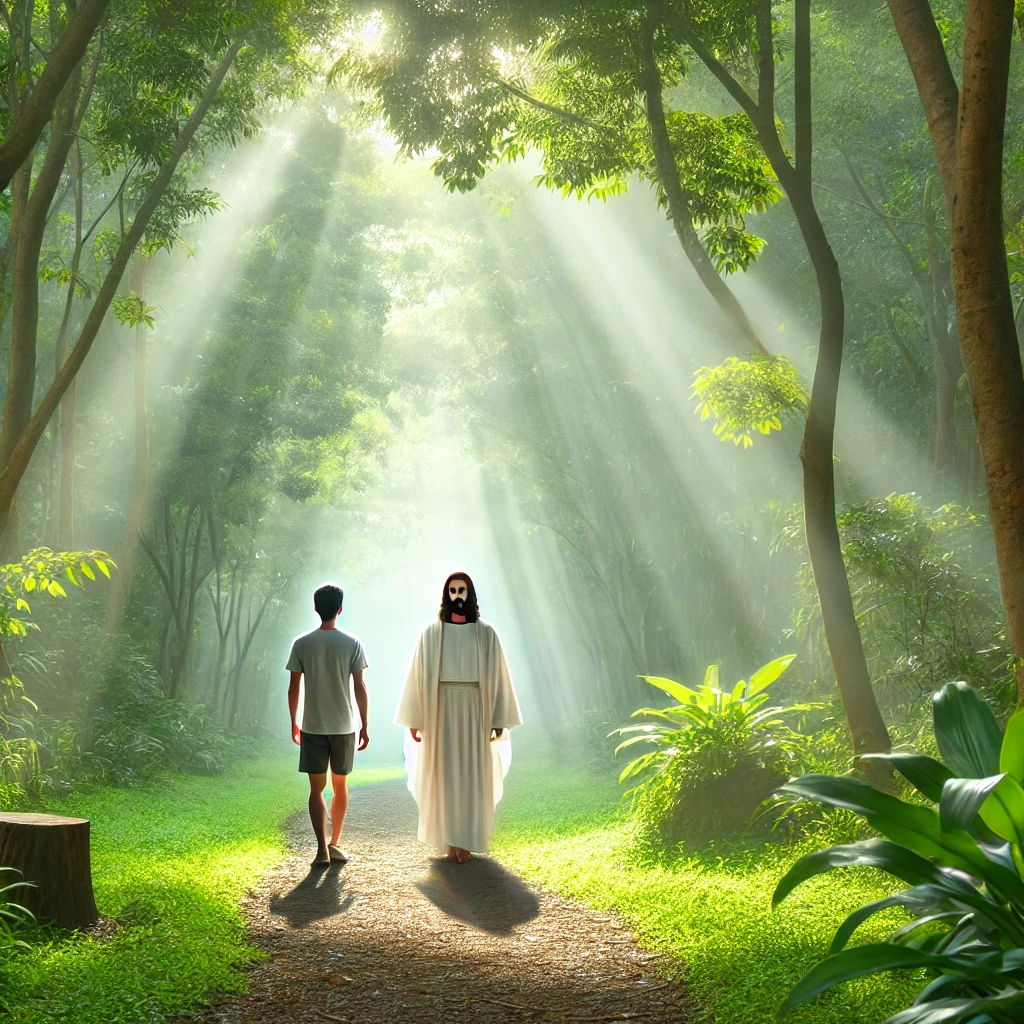 A serene path through a peaceful forest, showing a person walking side by side with Jesus, who is glowing gently in white robes. The tranquil scene symbolizes a spiritual journey, reflection, and a peaceful walk with Jesus in nature.