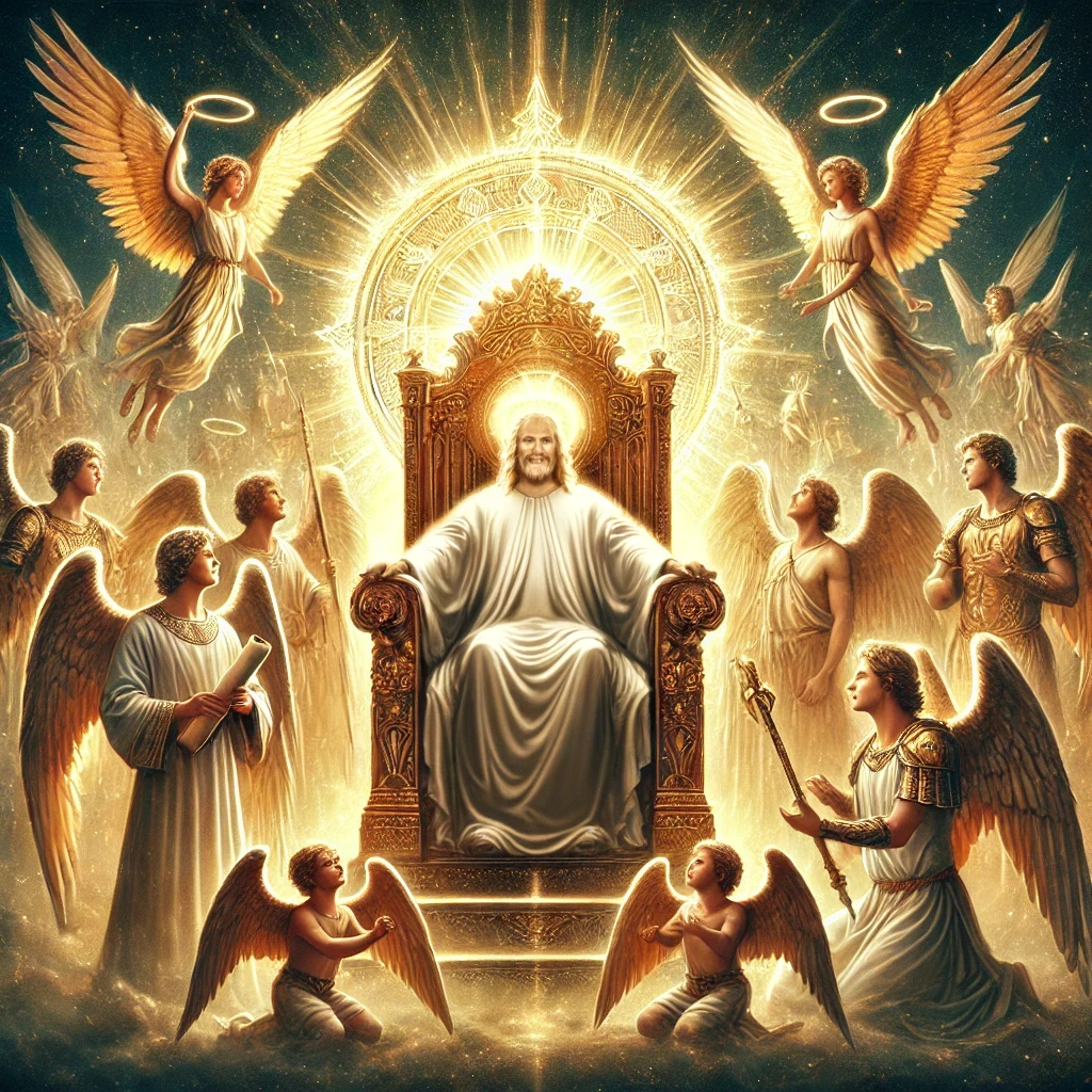 A heavenly throne surrounded by angels, including Michael and Gabriel, with God depicted as a radiant, bright light, creating a divine and holy atmosphere.