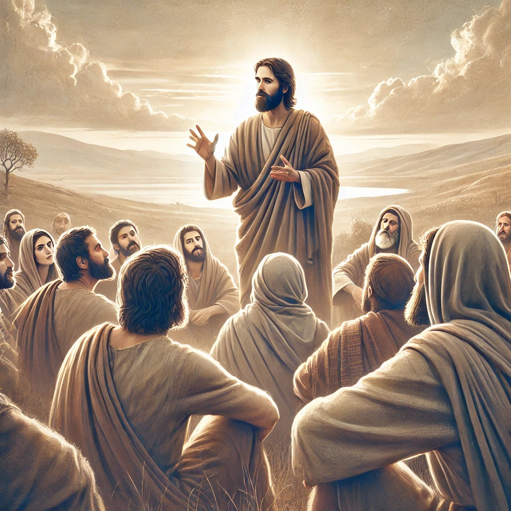 A serene biblical scene of Jesus teaching a group of attentive disciples in an open landscape, emphasizing a reflective and spiritual atmosphere. Jesus teaching in Parables