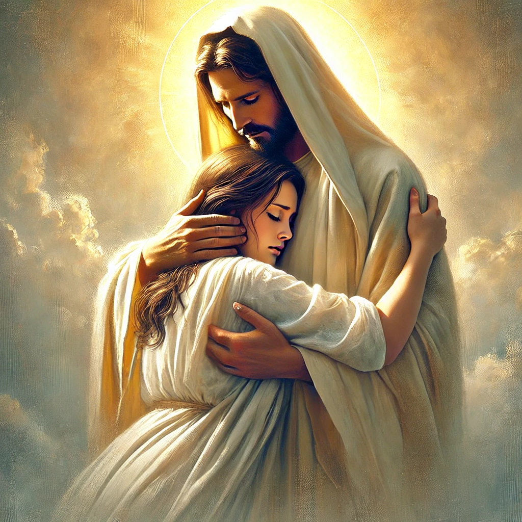 An emotional image of Jesus holding a sad person gently in His arms, symbolizing God’s comfort, love, and compassion during times of suffering. The serene background features soft light breaking through clouds, representing hope and divine presence.