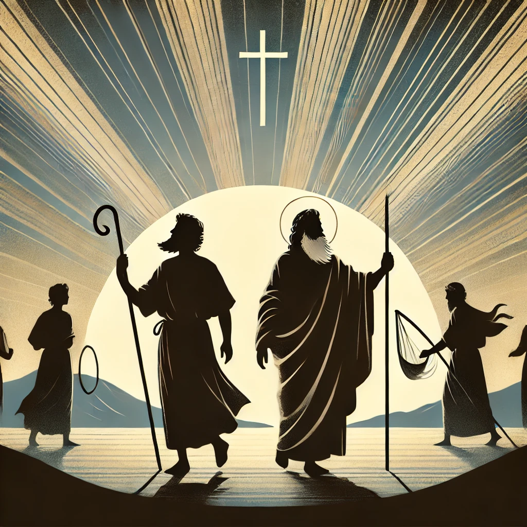 Painting-style illustration of biblical figures God used, including Moses with a staff, David with a sling, and Peter with a fishing net, representing how God uses unqualified and imperfect people. The image features rays of light symbolizing God's glory, with a soft gradient background and a subtle cross.