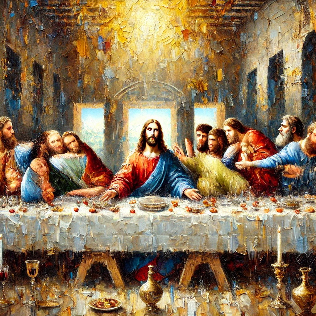 Beautiful oil painting of The Last Supper with Jesus and the 12 disciples, featuring deep, textured brush strokes.