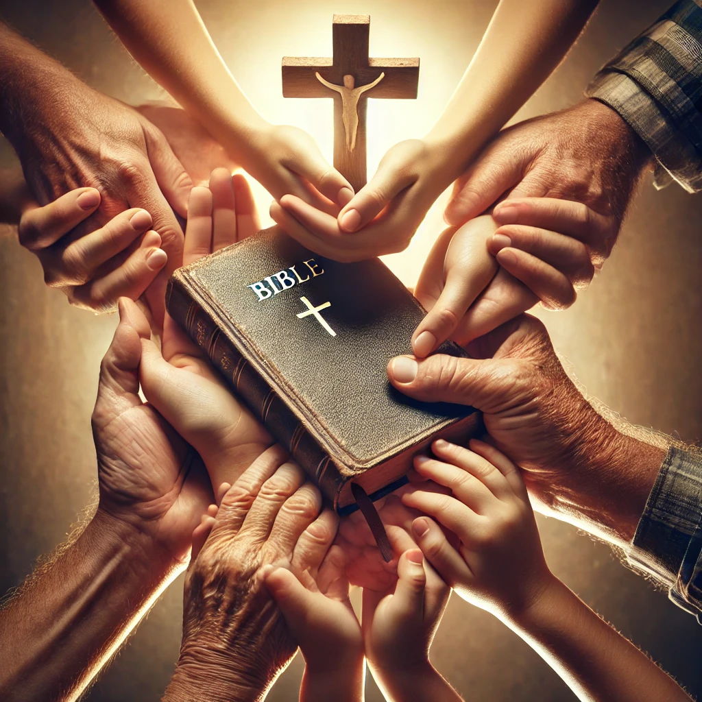 Christian Parenting advice - Multiple hands from different generations holding a Bible and a wooden cross together, symbolizing the passing down of faith. Warm, golden lighting creates a spiritual and heartfelt atmosphere, emphasizing Christian heritage and biblical values.