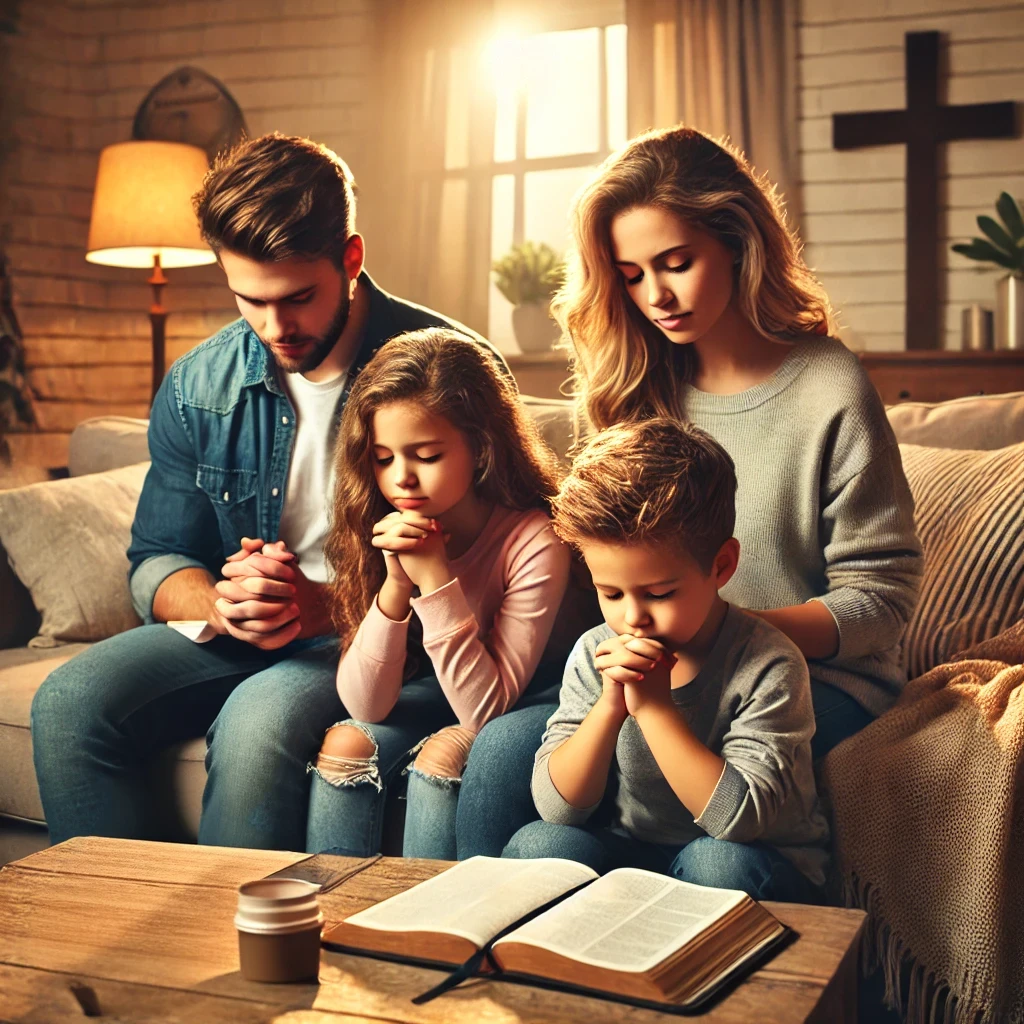 A Christian family sitting together in the living room, holding hands in prayer with heads bowed. The soft lighting and cozy surroundings create a peaceful atmosphere, reflecting a Christ-centered family grounded in faith.