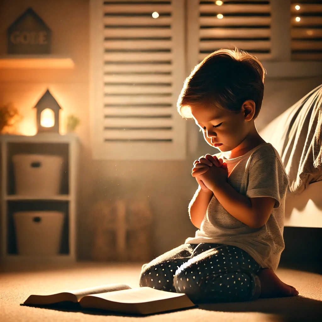 A young child kneeling alone in prayer, with hands folded and eyes closed, expressing deep faith. The peaceful setting, with soft lighting and a Bible nearby, evokes a strong sense of devotion and trust in God. Building Faith in Children