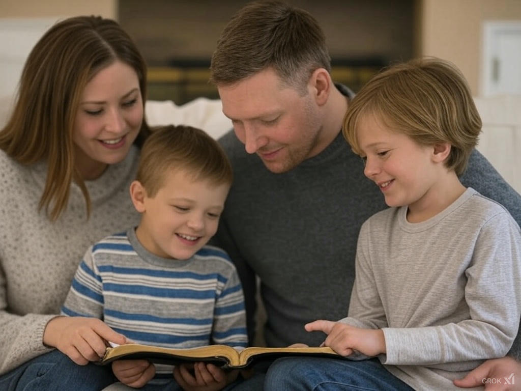Family reading Bible together - biblical verses for parenting