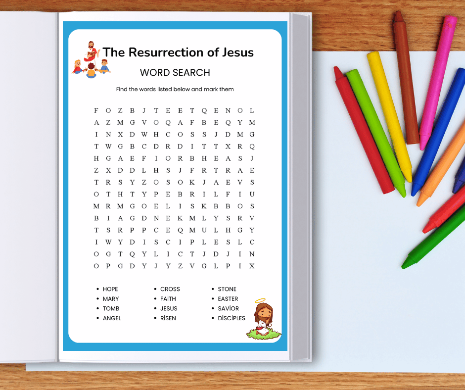 a look inside the free Christian easter activity book for kids, showing a word search puzzle