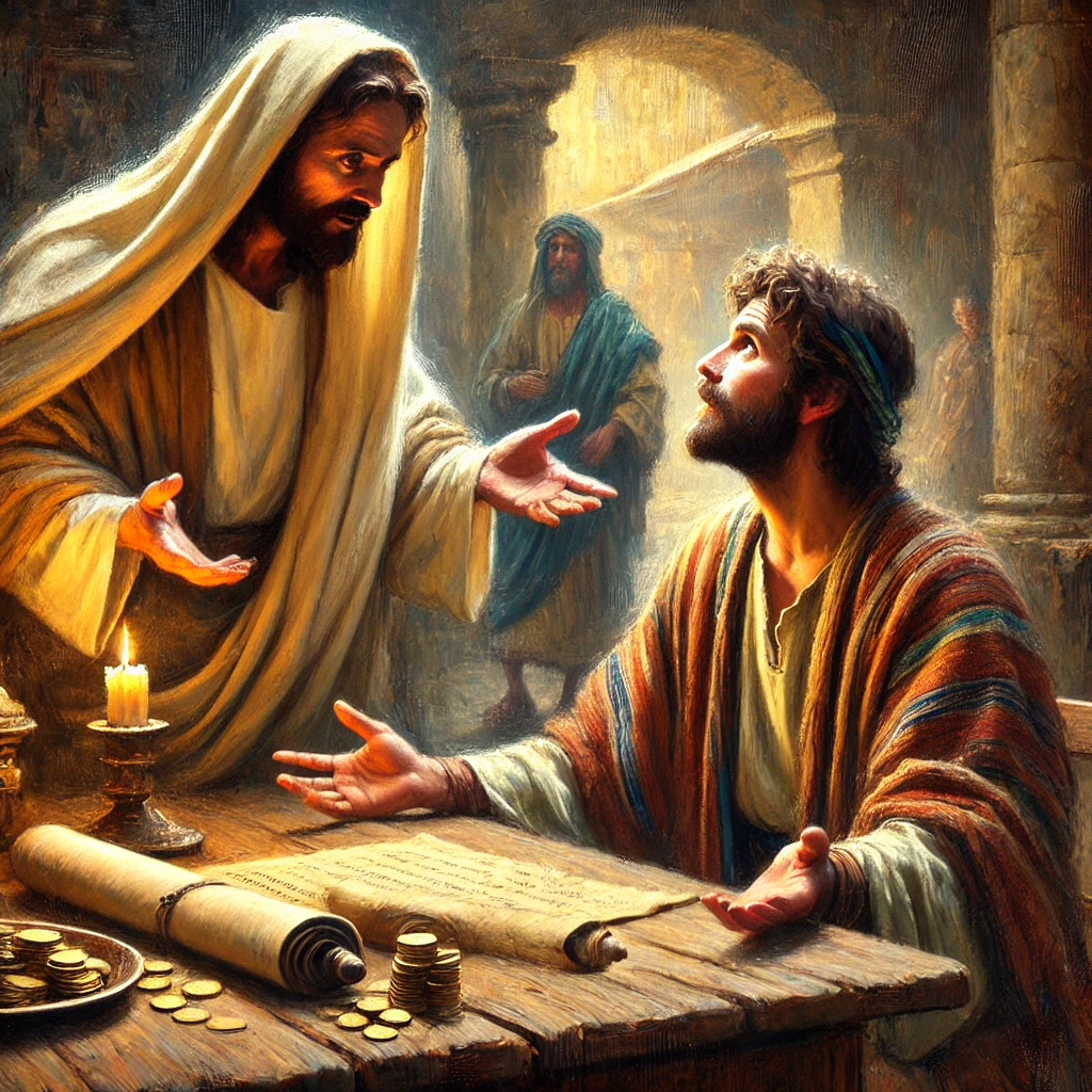 Oil painting of Matthew the Tax Collector being called by Jesus to become a disciple, with deep, textured brush strokes. Matthew was one of the 12 disciples of Jesus