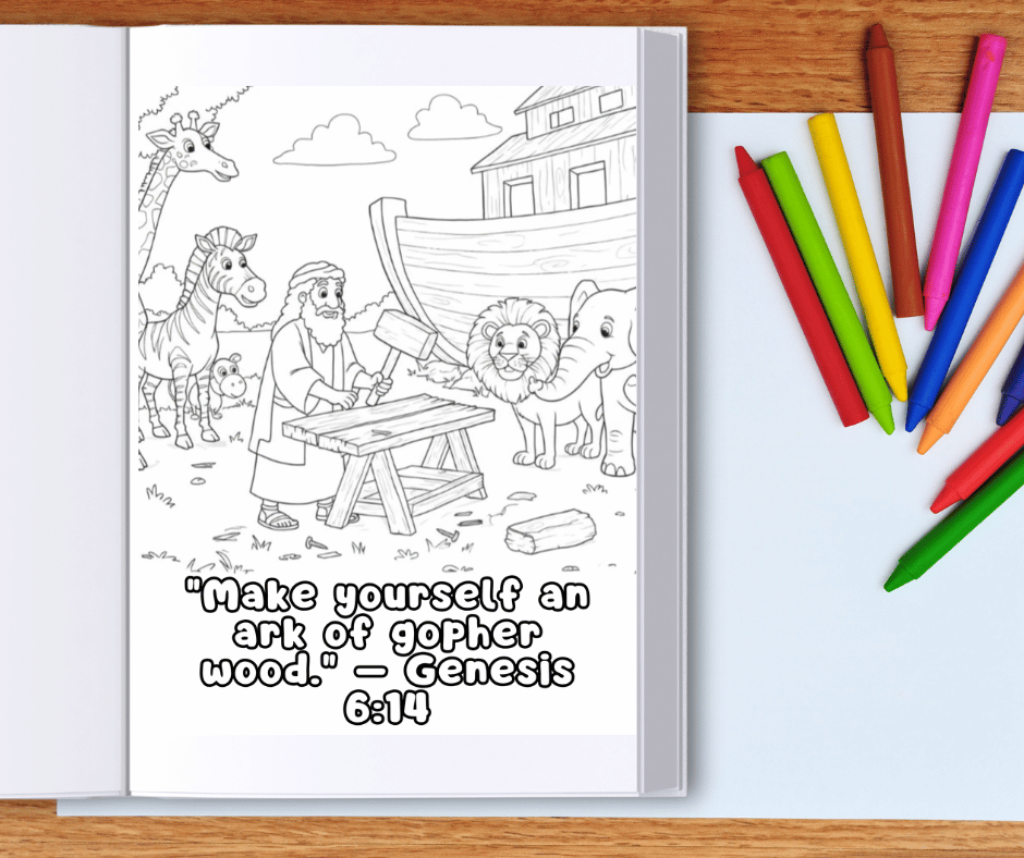 The inside of the free printable coloring book of Noah's Ark adventure