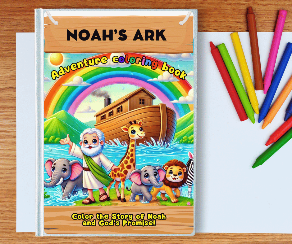 A colorful image of the free printable coloring book of Noah's Ark adventure