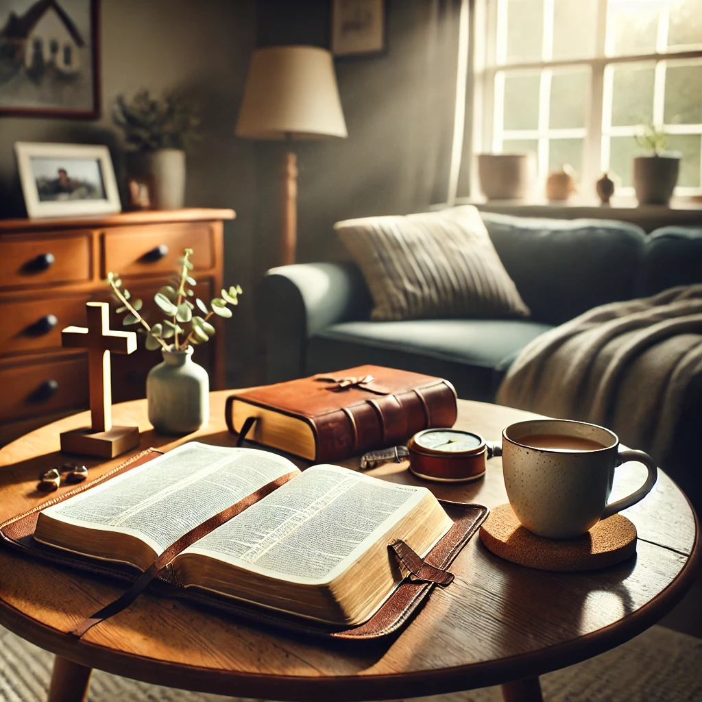 An open Bible resting on a coffee table in a cozy home, with sunlight streaming through a nearby window. A cup of coffee, a wooden cross, and a family photo complete the peaceful, faith-filled scene, symbolizing God's Word as the foundation of a Christ-centered family.