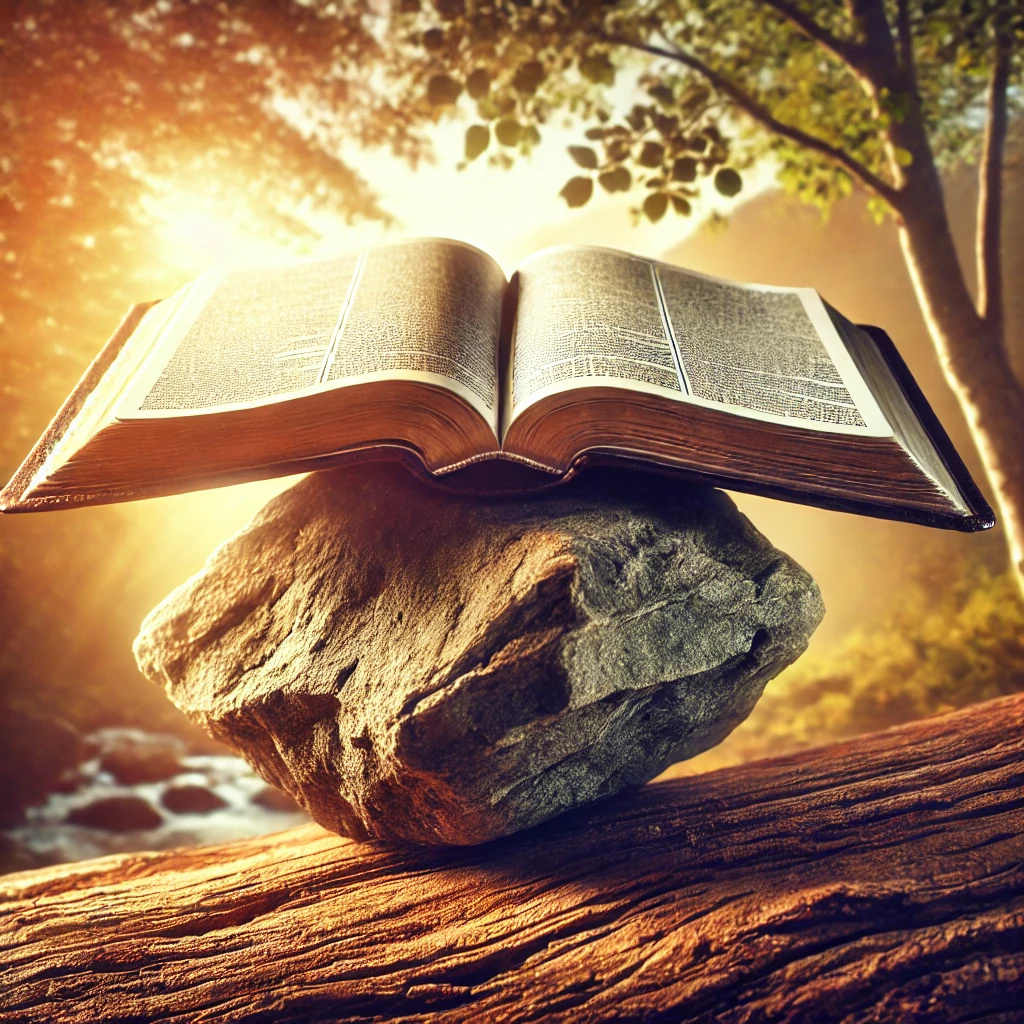 Christian Parenting advice illustration. An open Bible resting on a strong, solid rock, symbolizing faith as a firm foundation. Warm sunlight shines on the pages, representing strength, stability, and trust in God's Word as the guiding force in life and Christian parenting.