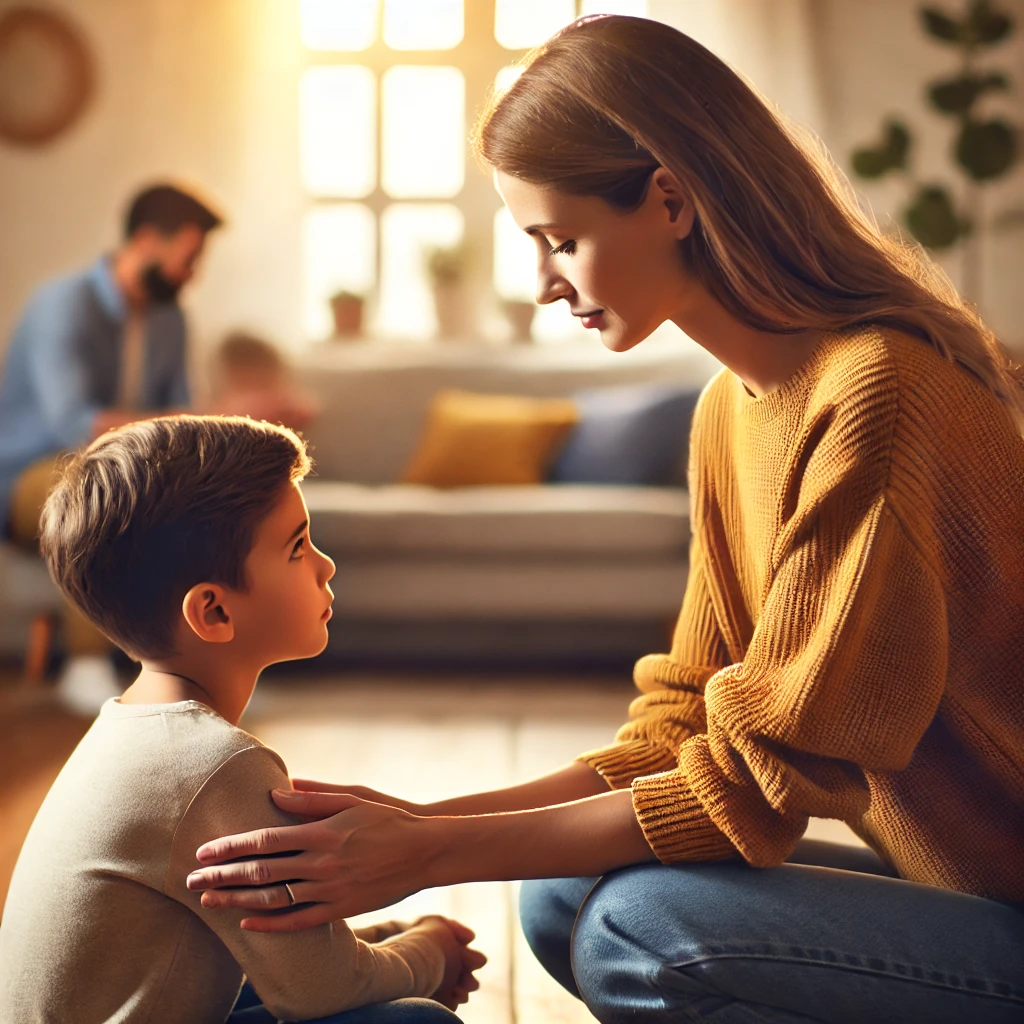 A loving parent kneeling to speak at their child's eye level, displaying a gentle and understanding expression. The child listens attentively in a cozy home setting with soft natural lighting, representing a biblical approach to discipline based on love and guidance.