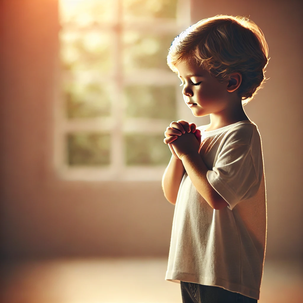 A young child kneeling alone in prayer with eyes closed and hands folded, radiating confidence and peace. Soft sunlight streams through a window, creating a serene and faith-filled atmosphere, symbolizing trust in God.