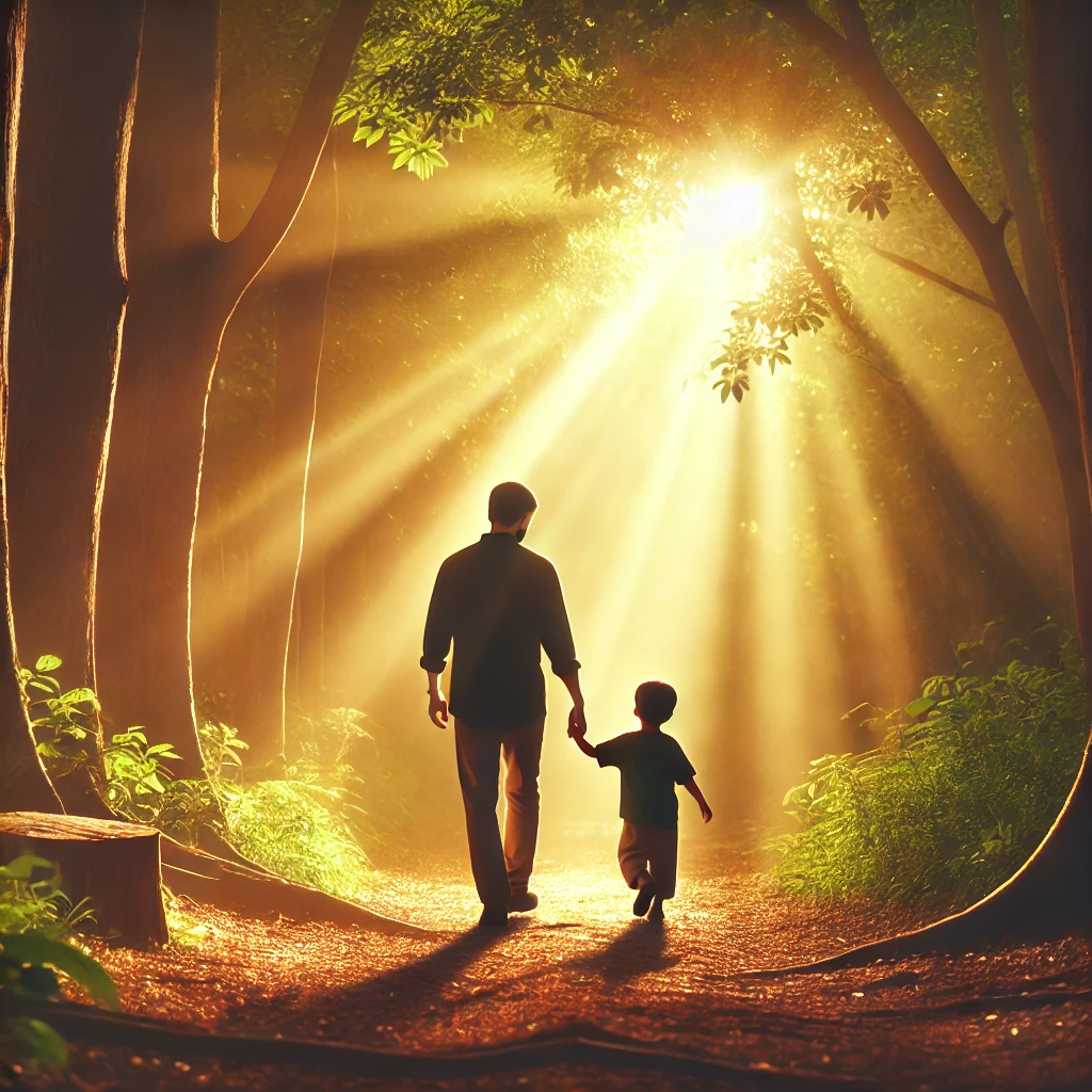 A parent walking hand in hand with their child along a peaceful forest path, symbolizing guidance in faith. Warm sunlight filters through the trees, creating a spiritual atmosphere. The image represents Proverbs 22:6, 'Train up a child in the way he should go,' emphasizing biblical values in raising children.