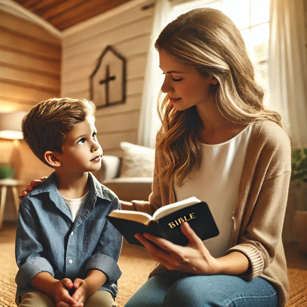 A Christian parent kneeling to speak at their child's eye level, holding a Bible while teaching biblical discipline with love and understanding. The child listens attentively in a warm and peaceful home, symbolizing faith-based parenting rooted in scripture and wisdom