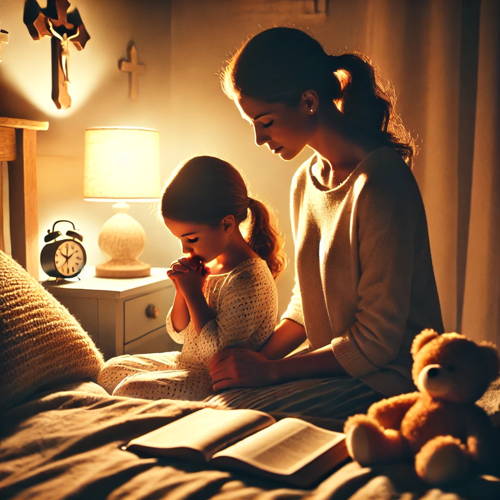 A parent kneeling beside their child's bed, guiding them in bedtime prayer. The child clasps their hands in reverence, with a warm bedside lamp illuminating an open Bible. A cross on the wall and a teddy bear nearby create a peaceful, faith-filled atmosphere.