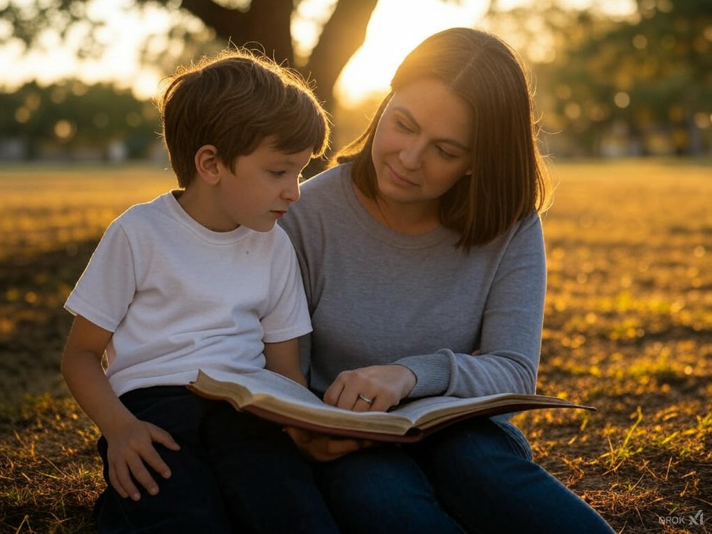 Christian parenting moment — a parent teaching biblical lessons outdoors, sitting under a tree in a park at sunset, reading the Bible together as the child listens attentively.