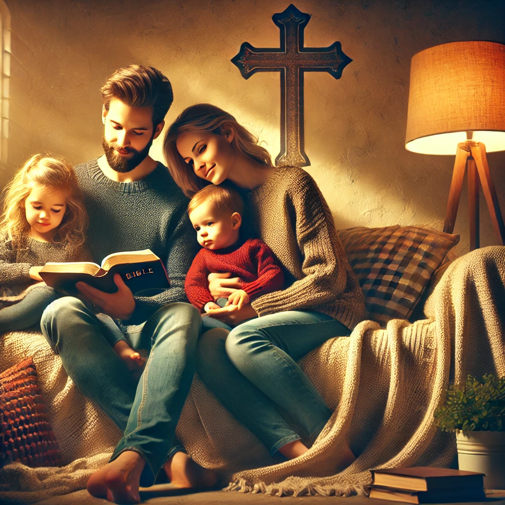 A Christian family sitting together on a cozy couch, reading the Bible. The father holds an open Bible while the mother and children listen attentively. A warm lamp casts a soft glow, with a cross on the wall symbolizing their faith, creating a peaceful and loving atmosphere.