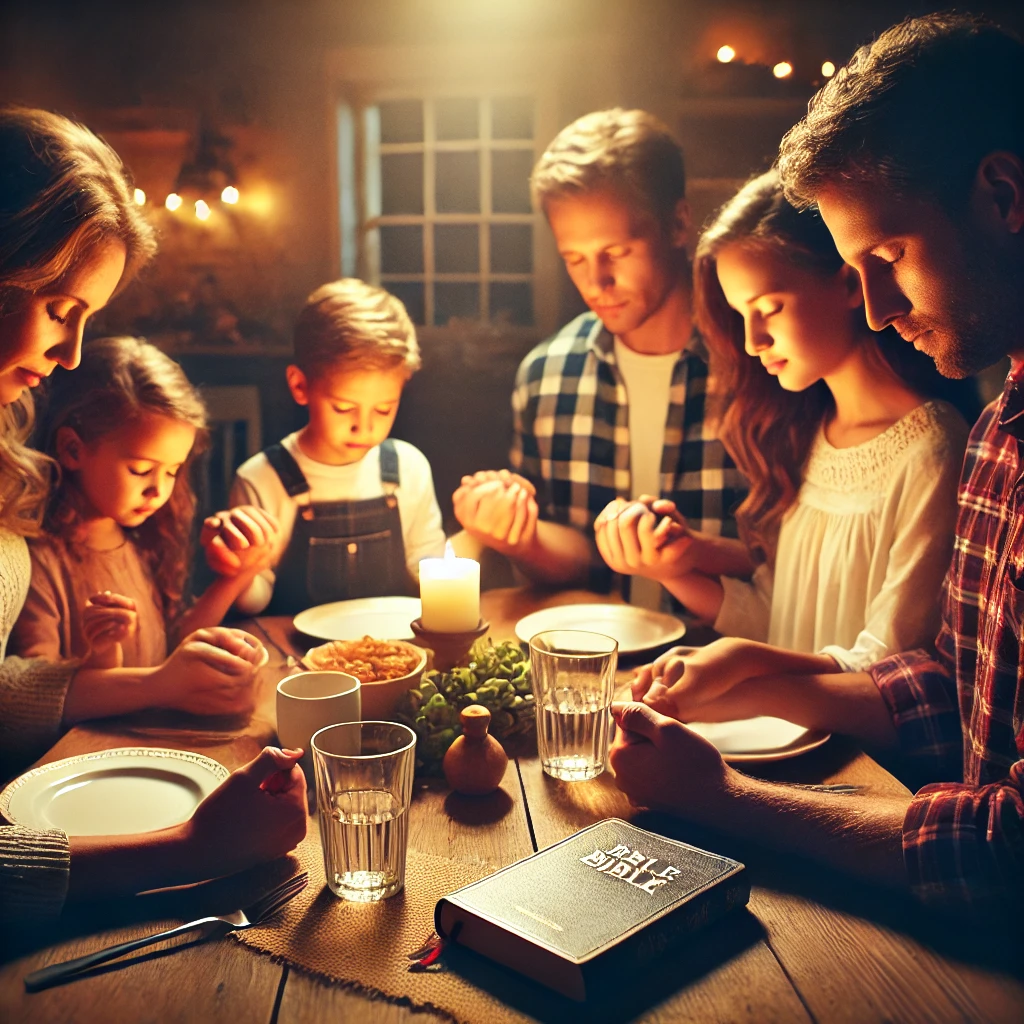 A Christian family gathered around the dinner table, holding hands and praying before a meal. The warm lighting and peaceful atmosphere highlight their faith, unity, and gratitude, with a Bible on the table symbolizing their commitment to biblical values.