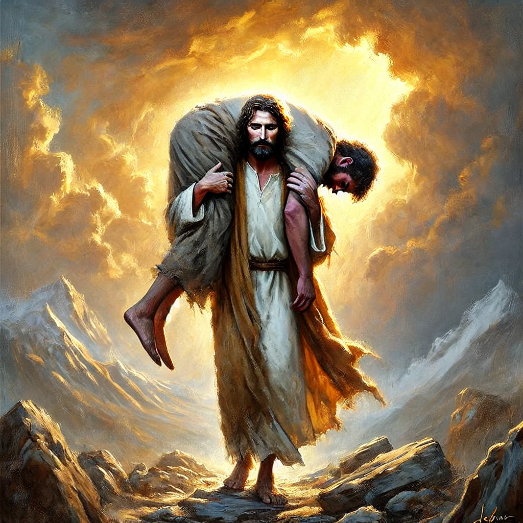 A heartfelt image illustrating how to follow Jesus through hard times, showing Jesus carrying a weary person on His back. The individual appears exhausted but safe, symbolizing how Jesus sustains us in struggles. The background features a dramatic sky with warm golden light breaking through the clouds, representing divine hope and perseverance. This powerful scene reminds us that even in our hardest moments, Jesus carries us and provides strength to endure.