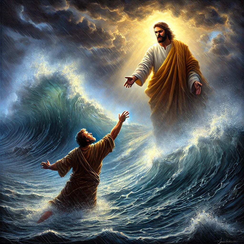 A breathtaking oil painting of Jesus reaching out His hand to lift someone up from stormy waters, symbolizing faith like Peter walking on water. The scene captures the raging sea with towering waves as a struggling figure reaches up in desperation. Jesus, standing firmly on the water, extends His hand with a calm and compassionate expression. A golden light breaks through the stormy clouds, illuminating Jesus and offering a sense of divine hope and strength. The painting reflects faith and perseverance in a classic oil painting style.