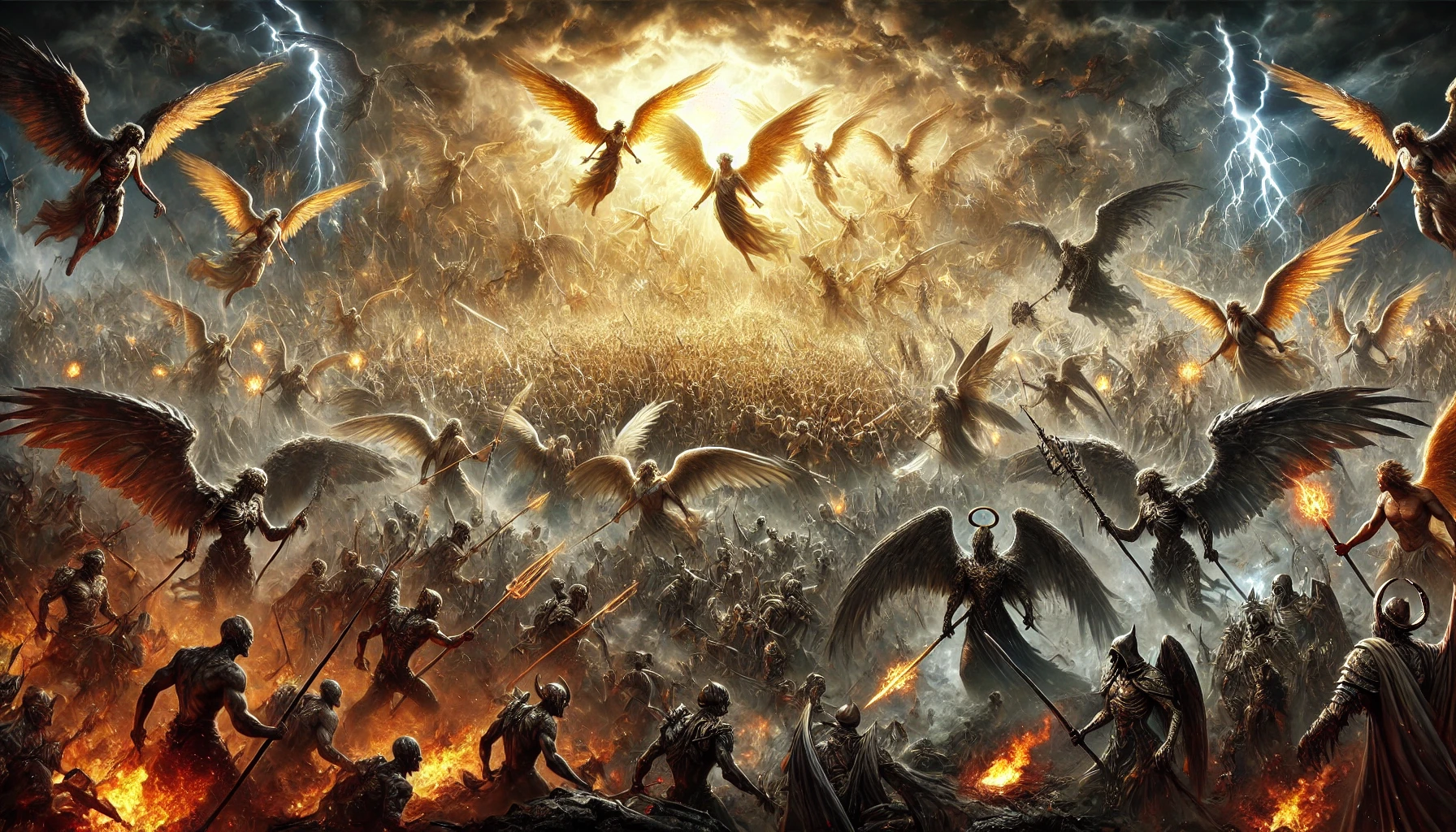 A massive battlefield depicting the Great Tribulation, where radiant angels with glowing wings clash against shadowy demons with fiery eyes, set against a storm-filled sky with lightning, symbolizing the final battle between good and evil in biblical prophecy.