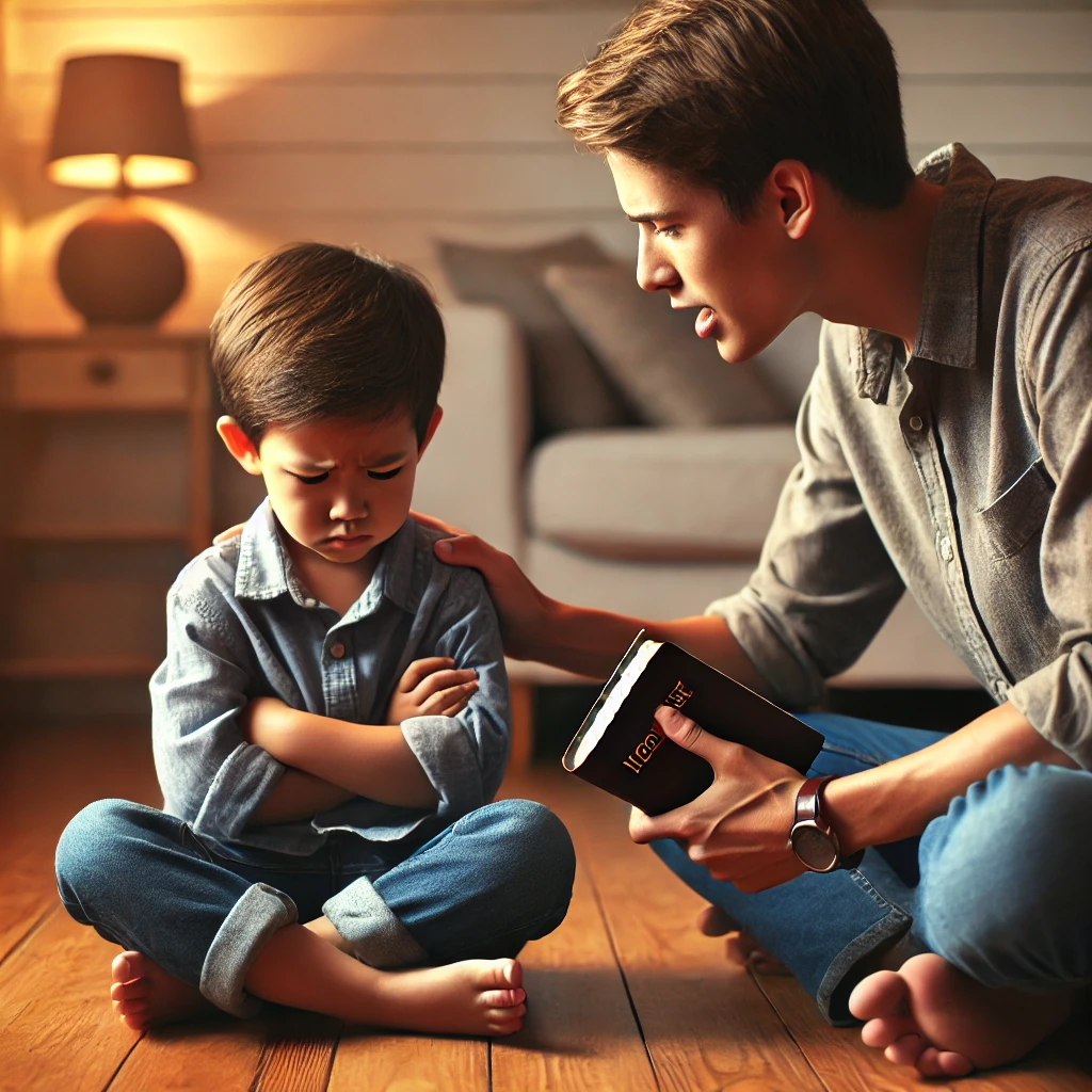 A Christian parent calmly handling a child's tantrum with patience and understanding. The upset child sits on the floor with crossed arms, while the parent kneels beside them, speaking gently and holding a Bible. The warm home setting reinforces a biblical approach to Discipline with love and wisdom.