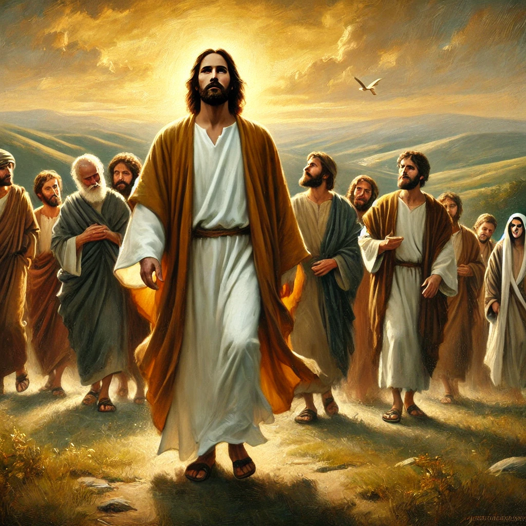 A majestic oil painting of Jesus walking ahead of His 12 disciples, leading them with confidence and divine purpose. The disciples follow closely behind Him, some engaged in conversation, while others look toward Him with admiration. The background features rolling hills and a warm golden sky, symbolizing guidance, faith, and the spiritual journey of following Jesus. The painting beautifully captures the reverence and movement of Jesus' ministry in a classic oil painting style.