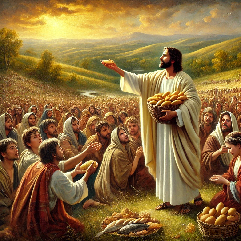 A stunning oil painting of Jesus' ministry, depicting Him feeding the 5,000 by multiplying loaves and fish. Jesus, dressed in a flowing robe, lifts a basket of bread and fish, blessing it as His disciples distribute food to the crowd. Men, women, and children sit on a grassy hillside, some reaching out in gratitude while others watch in awe. The background features rolling hills and a warm golden sunset, symbolizing divine provision. The painting captures the miracle and compassion of Jesus' ministry in a classic oil painting style.