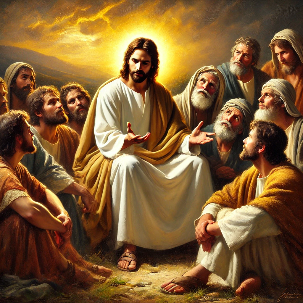 A majestic oil painting of Jesus' ministry, depicting Him sitting with His disciples and explaining deep spiritual truths. Jesus, wearing a flowing robe, gestures as He speaks while His disciples listen intently with expressions of awe and understanding. The golden sunset casts warm light over the gathering, with rolling hills in the background. The painting captures the sacredness and wisdom of Jesus' ministry in a classic oil painting style.