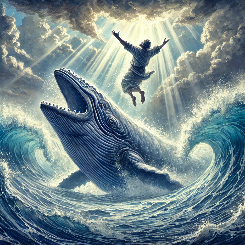 Jonah being thrown into turbulent ocean waves as a massive whale approaches, symbolizing how God uses imperfect and unqualified people despite their flaws. Stormy skies and rays of light highlight God's presence and mercy.