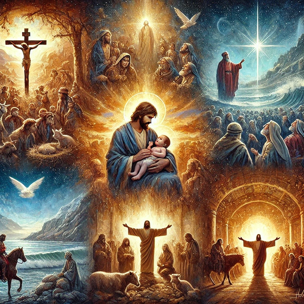 A beautiful collage-style oil painting showcasing key moments from the life of Jesus Christ, blended into one seamless journey. The artwork features the Nativity with baby Jesus in a manger under a star-lit sky, His baptism in the Jordan River with the Holy Spirit descending as a dove, Jesus teaching during the Sermon on the Mount, His crucifixion under a darkened sky, and the Resurrection with Jesus emerging from the empty tomb bathed in radiant golden light. The painting uses deep, expressive brush strokes and warm tones to symbolize Jesus' journey of love and purpose.