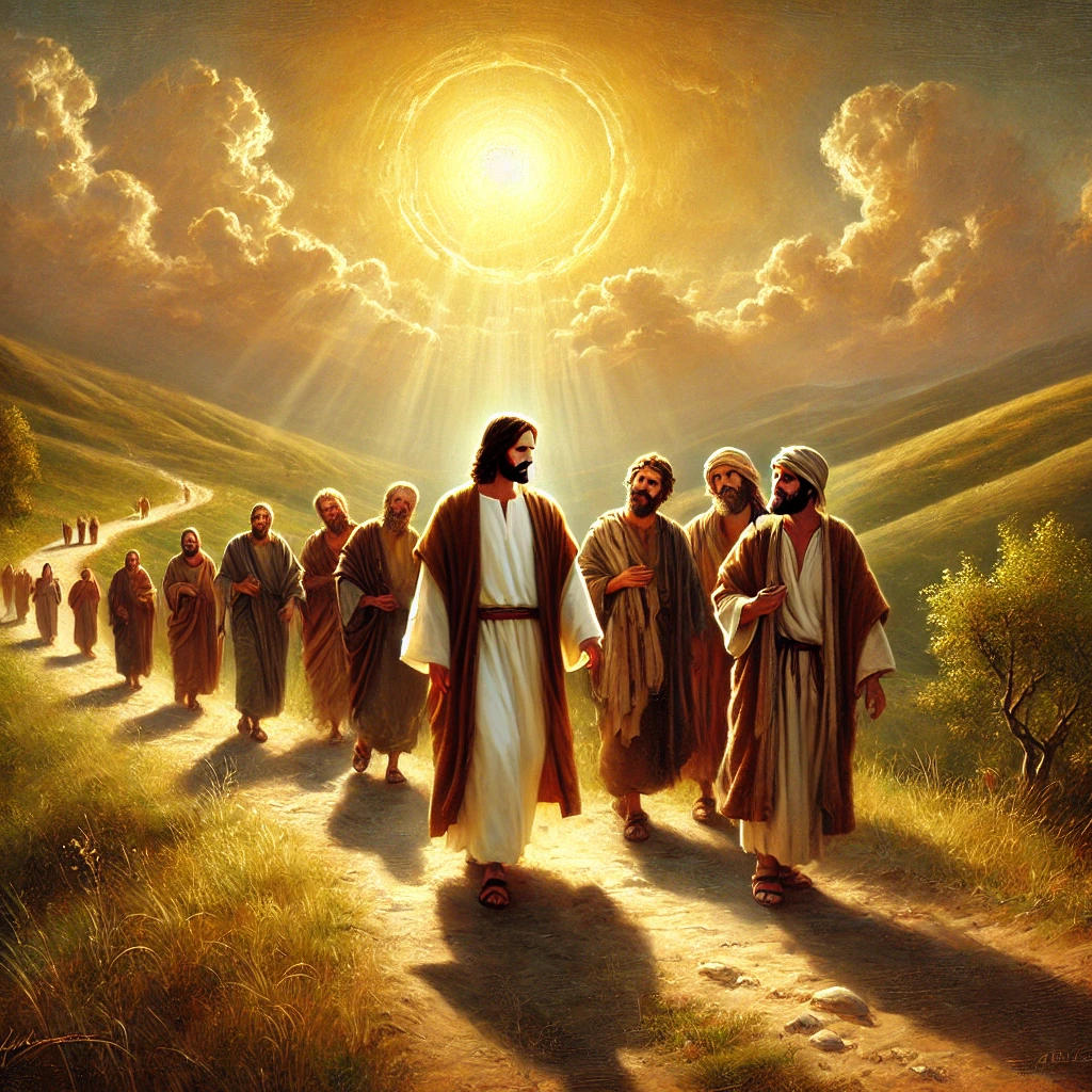 A majestic oil painting illustrating the Ministry of Jesus, showing Jesus walking with His 12 disciples along a peaceful sunlit path. Jesus, dressed in a flowing robe, leads the group with calm authority, while His disciples follow closely behind, listening intently and engaged in conversation. The path winds through rolling hills under a golden sky, symbolizing faith, guidance, and the profound journey of the Ministry of Jesus. The deep brush strokes and warm colors capture the spiritual connection and leadership of Christ.