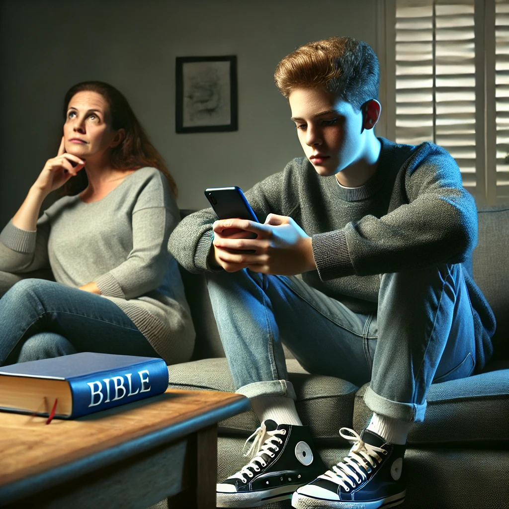 A teenager sitting on a couch, scrolling through their smartphone with a distant expression. A worried parent sits nearby, concerned about the child's disengagement. The scene reflects modern parenting challenges, particularly social media distractions, with a Bible on the table symbolizing faith-based guidance.