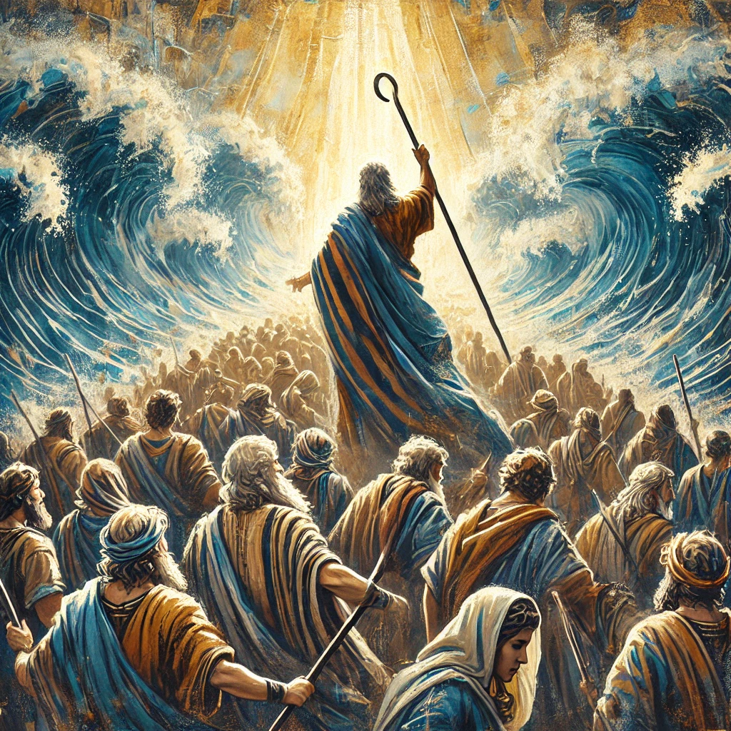 Moses leading the Israelites out of Egypt through parted waters, symbolizing how God uses unqualified and imperfect people for His divine purpose. Moses holds a staff as rays of light guide the way, highlighting God's power and guidance.
