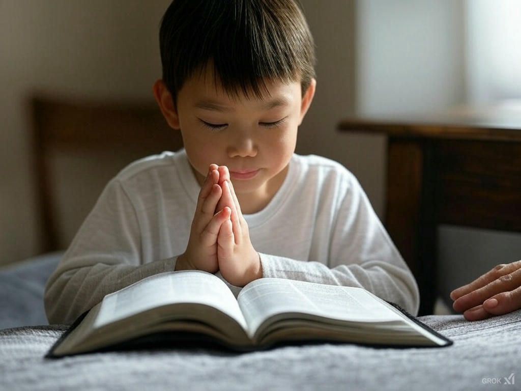 Child’s hands in prayer with Bible - raise prayer warrior kids