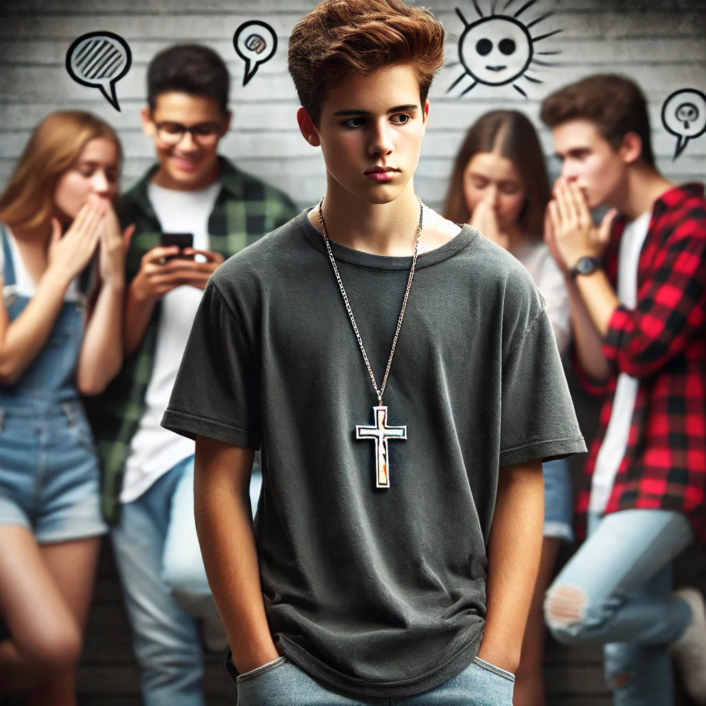 A teenage boy wearing a cross necklace walks away from a group of peers engaged in distracting activities. His determined expression symbolizes standing firm in Christian values despite social pressure, highlighting modern parenting challenges in guiding teens to stay rooted in faith.