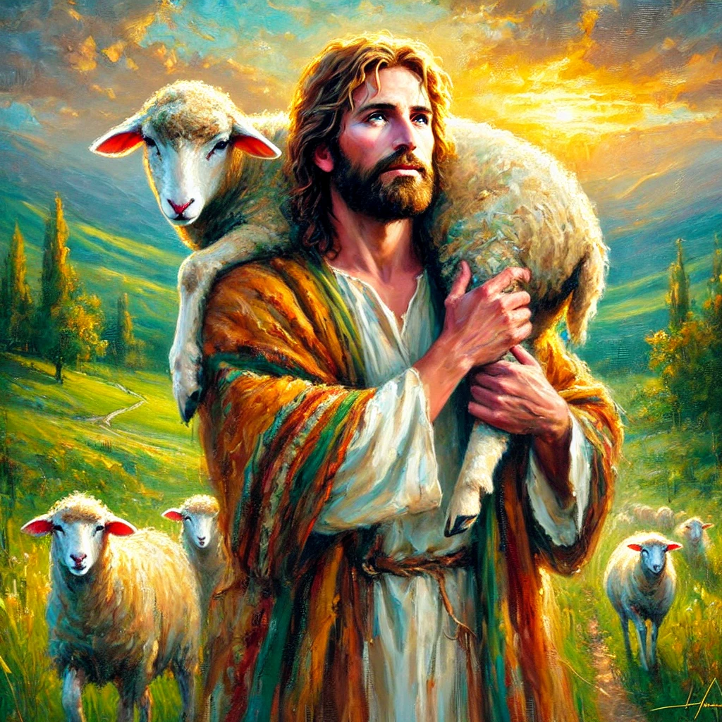 A vibrant oil painting of Jesus as the Good Shepherd carrying a lost sheep. The painting features deep brush strokes, warm colors, and a peaceful countryside setting, symbolizing Jesus' love and care. This image visually represents the question, "Who is Jesus?", portraying Him as the compassionate shepherd who seeks the lost