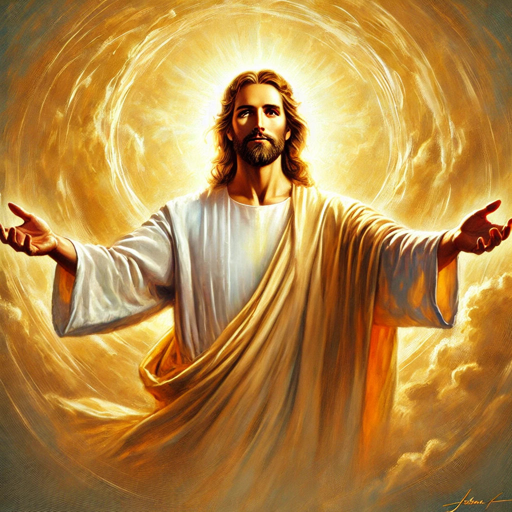 A serene oil painting of Jesus with open arms, inviting people to come to Him. Warm, golden light surrounds Him, symbolizing love, peace, and divine grace. His expression is kind and welcoming, with a flowing white robe. This image beautifully reflects the question, "Who is Jesus?", portraying Him as a loving Savior calling all to Himself.