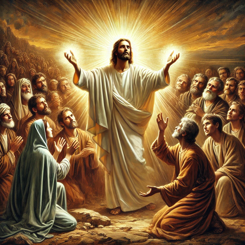 A breathtaking oil painting of Jesus performing miracles, healing the sick, restoring sight to the blind, and blessing those in need. His hands radiate with divine light, symbolizing His power and compassion. A diverse crowd watches in awe, surrounded by a serene landscape with a warm, golden glow. This image beautifully represents the question, "Who is Jesus?", portraying Him as the divine healer and miracle worker.