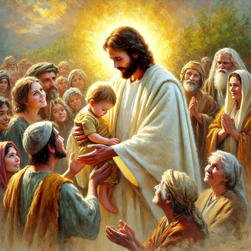 A heartfelt oil painting of Jesus showing love to people. He is surrounded by a diverse group, including children and the elderly, offering comfort with a compassionate expression. Soft golden light radiates around Him, symbolizing His divine love and kindness. This image beautifully answers the question, "Who is Jesus?", portraying Him as the loving and caring Savior.