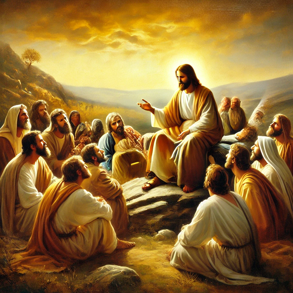 A beautiful oil painting of Jesus teaching His disciples in a peaceful outdoor setting. Jesus sits on a rock, wearing a flowing robe, surrounded by His twelve disciples who listen attentively. The warm golden light symbolizes wisdom and divine presence, with rolling hills and a serene sky in the background. This image reflects the question, "Who is Jesus?", portraying Him as the ultimate teacher and spiritual guide