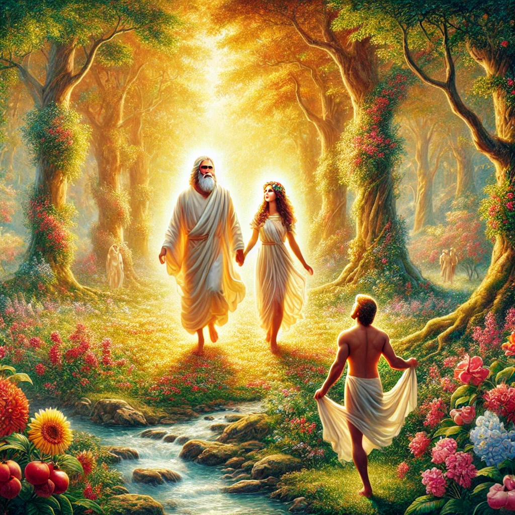 A vibrant artistic painting of Adam and Eve walking with God in the Garden of Eden, surrounded by lush trees, colorful flowers, and golden sunlight, symbolizing divine presence and God’s original plan for humanity.
