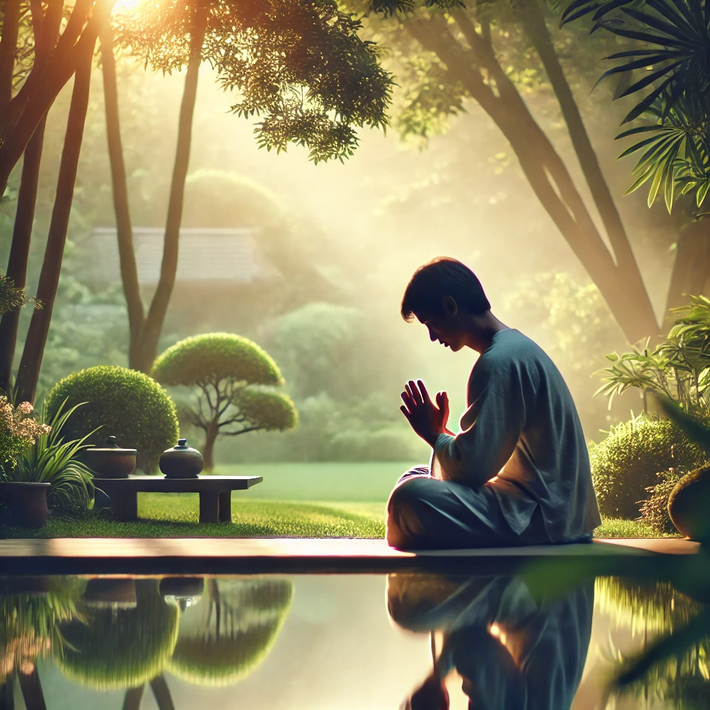 Calming scene of someone praying quietly outdoors in a serene natural setting, symbolizing peace, restoration, and spiritual healing. Symbolizing a prayer for forgiveness
